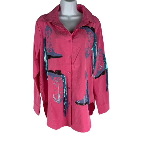 Blue B. Collection Hot Pink Sequin Cowboy Boot Print Button-Down Shirt Size M - Picture 1 of 8